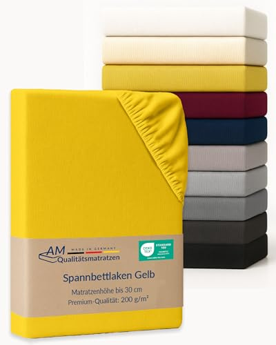 AM Qualitätsmatratzen Premium Spannbettlaken 200x200cm Baumwolle (200gsm) in Gelb - Made in Germany - Oeko TEX zertifiziertes Bettlaken 200x200 Baumwolle - Jersey Spannbetttuch - Fitted Sheets
