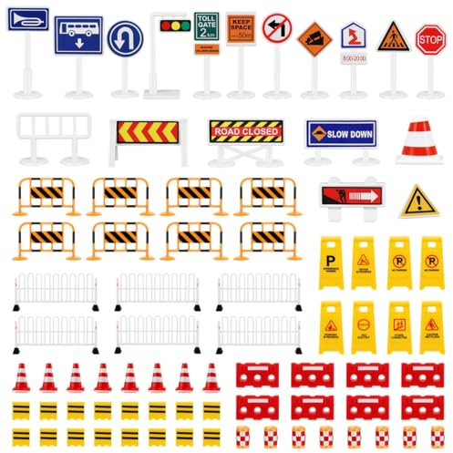 NUOBESTY Road Signs, 62pcs Kids Miniature Traffic Sign Mini Roadblocks Construction Accessories Educational Toys for Kids Cognitive Learning, Fun Playtime