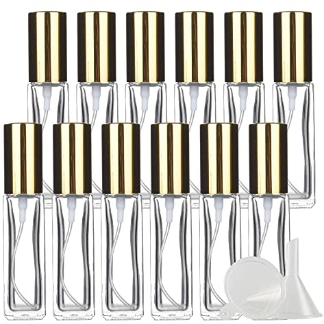 BasicPacking Leer 10ml Transparent Portable Parfüm Zerstäuber mit Gold Deckel, 12 Stück Mini Quadrat Dickes Glas Nachfüllbar Parfümzerstäuber Sprühflasche, Parfümflasche Reisen + 4 x Trichter