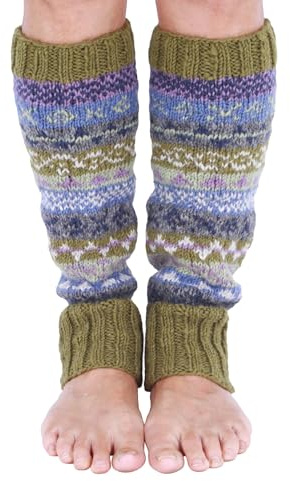 Pachamama Damen Beinwärmer aus 100% Wolle, handgestrickt, Fair-Isle-Muster, oliv, mehrfarbig, normale Passform, handgefertigt, extra warm, olivgrün, Einheitsgröße