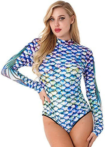 CHICTRY Meerjungfrau Badeanzug Damen Fischschuppen Body Langarm Schwimmanzug Uv Schutz Badebekleidung Motiv Tankini Monokini Bauchweg Beachwear