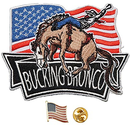 A-ONE Rodeo Cowboy auf Bucking Bronco Pferd bestickte Nadel Applikation Patch + USA Emblem Metallknöpfe Amerikanische Flagge Pin Abzeichen Nr. 181P
