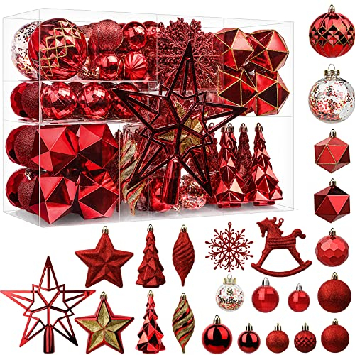 100 Stück Weihnachtskugeln Kunststoff Set, Bruchsicher Christbaumkugeln mit Haken, Weihnachtsbaum Deko in verschiedenen Größen und Ausführungen, Weihnachtsdeko Aussen Innen, Rot