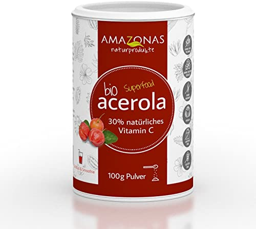 BIO Acerola Pulver gefriergetrocknet von Amazonas Naturprodukte | 100 % natürliches Vitamin C aus Acerola Kirsche | Vitamin C-Haushalt auffüllen | Frei von Farbstoffen und Gentechnik | Vegan | 100g