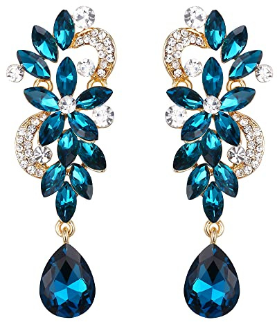 Pendientes de Mujer-Clearine Boda Colgantes de Novia para las Mujeres Bohemio Boho Lágrima de Cristal de la Flor de Araña Aretes,Color Azul Oro-Tono