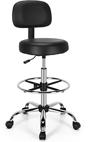 COSTWAY Ergonomic Drafting Chair, Height Adjustable Stool Swivel Office Chair with Backrest & Adjustable Footrest, Mid-Back Leather Padded Rolling Stool Task Desk Chair for Home Office Studio (1)