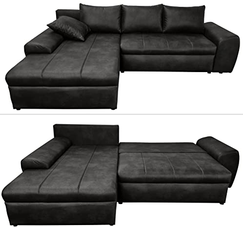 Vintage Ecksofa mit Schlaffunktion und Bettkasten B266/T186/H90 cm, Wellenunterfederung, Ottomane links, gemütliche Lounge Couch mit Mikrofaser-Stoff in Leder-Optik Schwarz / 18016