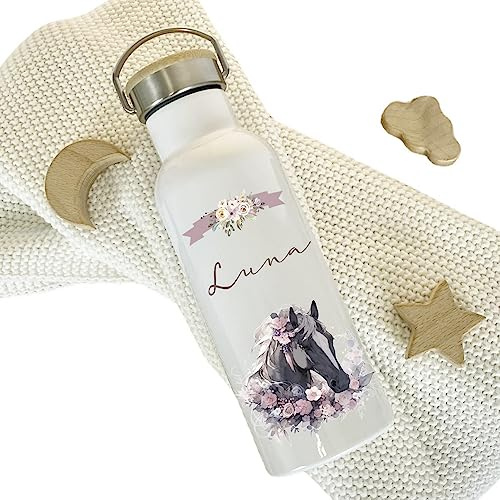 Manufaktur Liebevoll Trinkflasche Motiv Pferd Pony mit Namen als Geschenk für Mädchen | 500 ml auslaufsichere Isolierflasche aus Edelstahl I Flasche für Kita Schule Sport (Motiv Luna)