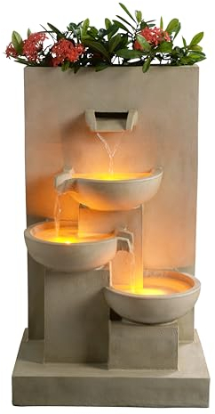 Teamson Home Fontaine d'eau extérieure avec jardinière de 29,13 pouces avec lumières LED, naturelle, Teamson Home