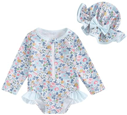 HodJIU Traje de baño, para bebés, niñas, protección UV, manga larga, estampado, traje de baño, para piscina, natación, playa + sombrero de sol, 6 meses