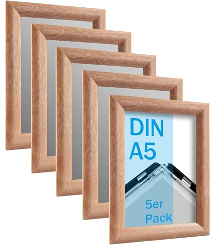 SPRINTIS Klapprahmen A5 aus Aluminium, Rahmen in heller Holzoptik, 5 Stück Plakatrahmen mit 2,5 cm Rahmenbreite, inkl. UV-Schutzfolie & Befestigungsmaterial