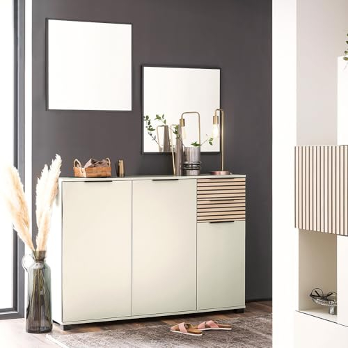 Lomadox Garderoben Set 3-teilig Schuhschrank Schrank mit 2 Spiegel Wandspiegel modern in beige mit Eiche Natur