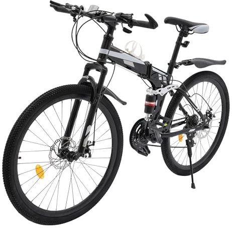 Taozhiyy 26 Zoll Faltrad Mountainbike, Scheibenbremse, 21 Gang-Schaltung Faltrad mit Becherhalter & Schutzbleche:, Fully MTB für Jungen, Mädchen, Damen & Herren, Schwarz-Silber