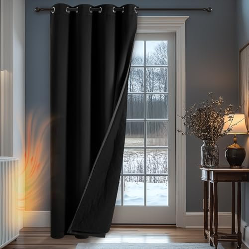 Deconovo Thermal Door Curtains for Winter with Thick Microfiber Quilted Lining, Energy Saving Blackout Curtain Eyelet, Cold Resistant Black Curtain for Bedroom, 52 x 84 Inch, 1 Panel