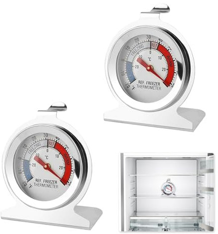 Stainless Steel Fridge & Freezer Thermometer with Large Dial, Range -30°C to 30°C (-20°F to 80°F), Set of 2