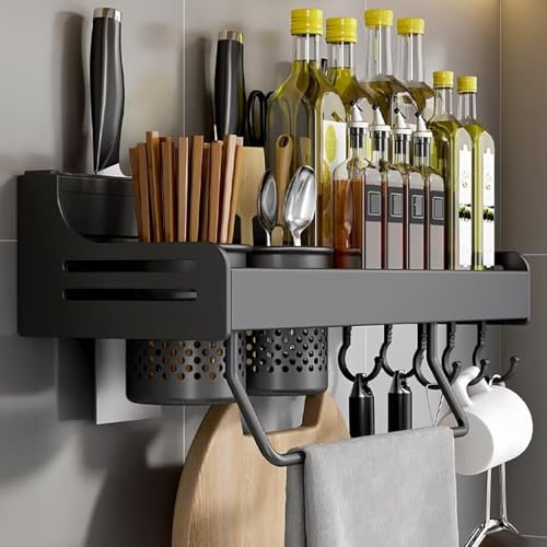 ZOKT Spice Rack Organiser, Spice Racks Wall Mounted, With Adhesive Stickers Kitchen Spice Organiser, Wall Mounted Spice Rack is Suitable for Ceramic tile Wall, Glass, Black 40cm.