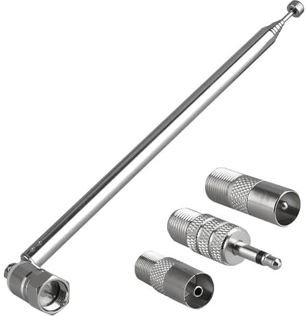 75 Ohm DAB FM Radio Aerial for Hifi 7-Section Telescopic FM Aerial Indoor Radio Antenna F Type Male Plug Connector ​with 3 Adapters for Tuner Stereo Table Top TV AV Receiver Mini System