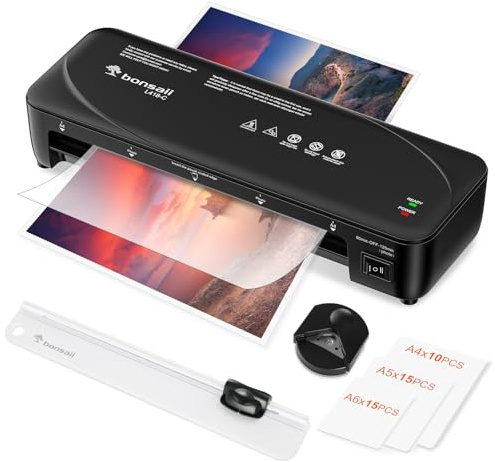 Bonsaii A4 Laminator Machine Set - Includes 1 Trimmer,1 Rounder & 40 Laminating Pouches (10xA4, 15xA5, 15xA6), with Never Jam Technology, Dual Heat, High-Speed Laminating, Max A4 Width, Black, L418-C