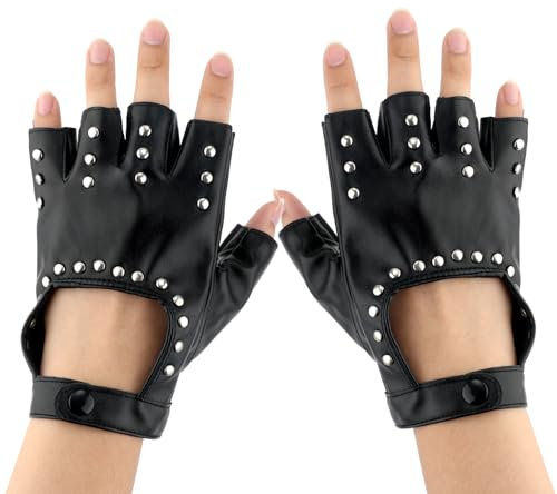 Fingerlose Kunstlederhandschuhe für Herren, Modische Halbfinger-Lederhandschuhe Schwarze Biker-Punk-Handschuhe mit Nieten für Halloween Party Herren Teenager Cosplay Auftritt