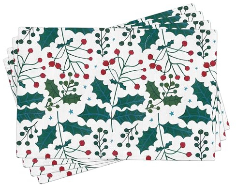 Weihnachtliche Stechpalmen-Tischsets, 4er-Set, grüne botanische Tischsets für Winterurlaub, Essen, waschbar, für drinnen und draußen, festliche Stoff-Tischsets, 45,7 x 30,5 cm
