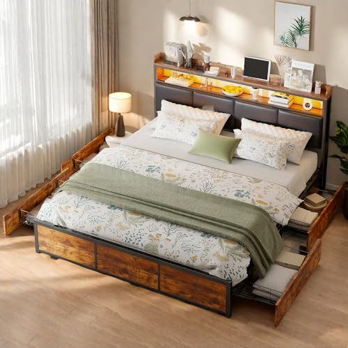 JOROBURO Polsterbett Metallbett 180 x 200 cm mit Stauraum, Doppelbett mit LED und USB Ladefunktion, Stauraumbett mit 4 Schubladen und Staufach, Jugendbett Funktionsbett mit Lattenrost, Schwarz, PU