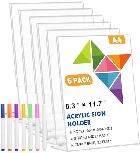 ZYNERY 6er Pack Acryl Schilderhalter, Schräg Tischaufsteller a4 Werbeständer/L-Ständer, ideal für Fotos, Cafés, Restaurants, Ausstellungen, Büros, Werbeaktionen, transparenter L Form Ständer