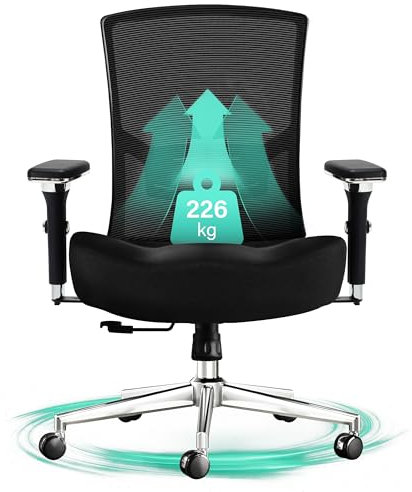 Blue Whale Bürostuhl 200kg,Großer und hoher Bürostuhl Ergonomisch,Drehstuhl aus Mesh und Wippfunktion,Office Chair mit 4D Armlehnen,Schreibtischstuhl mit breitem Sitzkissen