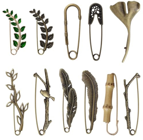 WANDIC 11 Stück Extragroß Vintage Sicherheitsnadeln aus Metall, Dekorative Robuste Große Sicherheitsnadeln für Kleidung, Quilten, Kunsthandwerk, Charms, Decken, Röcke, Schal, Leder, Zubehör