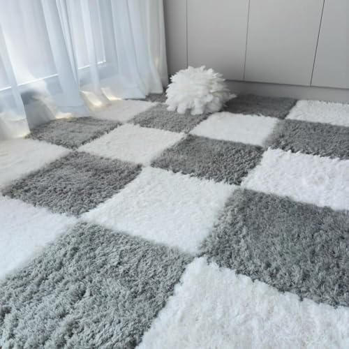 10 Pack Carpet Squares Puzzle Mat 30x30x1cm Plush Interlocking Carpet Tiles,Soft Fluffy Floor Protective Mat Shaggy Area Rug for Bedroom (Grey White)