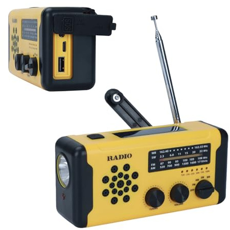 Radio Dinamo Solar con manivela y Pilas, Alimentación USB/Manivela/Solar, 1200mAh Radio Emergencia con Alarma SOS, Am/FM, Cargador Móvil, Linterna, Alerta Meteorológica para Tormentas, Supervivencia