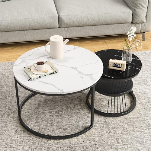 Callicarpa Set med 2 runda kaffebord, satsbord för vardagsrum, stapelbara soffbord, modernt soffbord för vardagsrum, balkong (svart och vit)