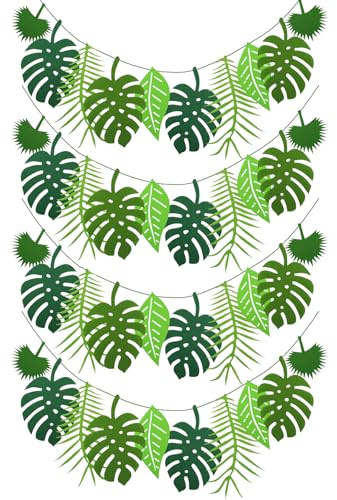 4 Stück Dschungel Deko Geburtstag Blätter Girlande Palmblätter Girlande Party Banner Tropical Garland Decorations Grün Tropische Bunting Artificial Palm Leave Deko Sommerfest Hawaii Party Banner