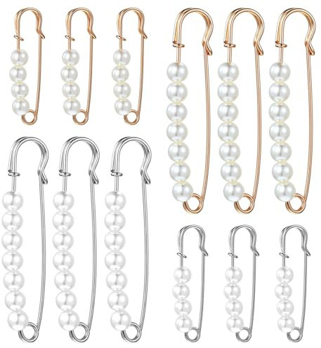 Guduling 12 Stück Broschennadeln Perlen, Schleppennadel Brautkleid, Sicherheitsnadel Perlen für Kleidung, Modische Pearl Brooch für Damen,Kleiderhosen,Rock Accessoires (Gold und Silber)