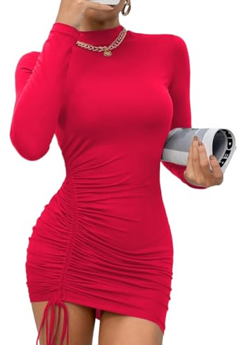 Sukiglam Women's Mini Dress Sexy Long Sleeve High Neck Bodycon Dresses Side Drawstring Short Dress Elegant Tight Ruched Dresses for Party Cocktail Going Out Clubwear Red