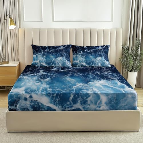 Set Lenzuola matrimoniale 3 Pezzi 160x190x30 cm e 2 Federe 50x80 cm - Realismo Acqua Di Mare Schiuma Completo Letto in Morbida Microfibra per bambini adulti, Marina