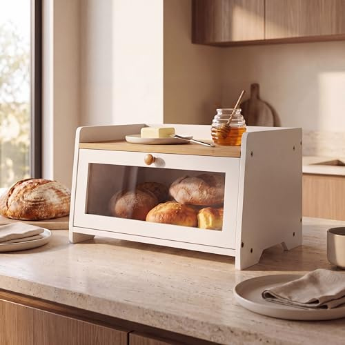 Maison Des Cadeaux Boîte à pain en bambou blanc avec étagère supérieure