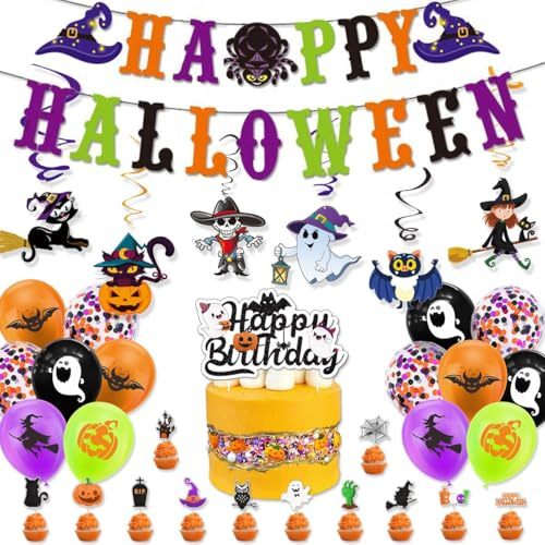 Halloween Innendeko Set, Geister Party Deko, mit wiederverwendbaren Bannern, Tortenaufsätzen, Fledermäusen, Geistern, Kürbissen für Wände, Türen, Tortendekorationen