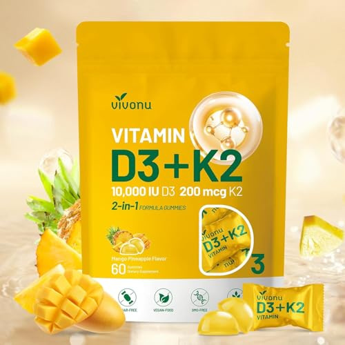 Vitamine D3 K2 | D3 10000 UI avec K2 200 mcg | Soutient l'Absorption du Calcium, et la Santé des Os, du Système Immunitaire et du Cœu | 60 Unité