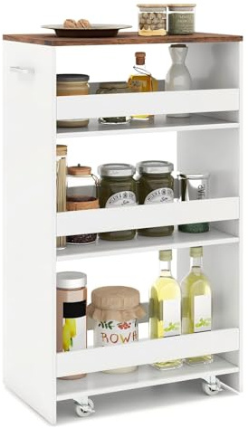 KOMFOTTEU Carrito de Cocina Estrecho (Blanco y Industrial, 30 cm) | Carro Auxiliar de 4 Niveles con 4 Ruedas Universales, Carro Organizador con Asa, Ahorro de Espacio, 48 x 25/30 x 80 cm