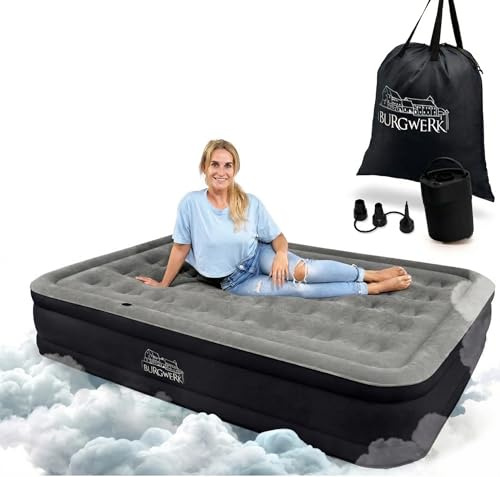 Burgwerk Luftbett für 2 Personen | Edles Gästebett & Campingbett | Aufblasbare Matratze mit Elektropumpe 150x200 | Selbstaufblasende Luftmatratze
