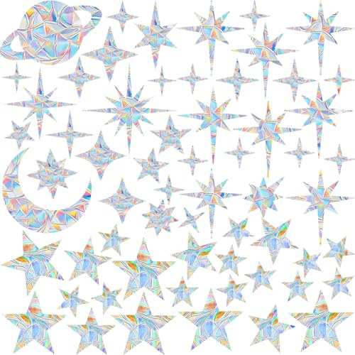 DOPENSPI 61 Pcs Sun Catcher Stickers, Anti-Collision Window Decals Star Moon Window Clings Star Moon Rainbow Prismatic Decals Non-Adhesive Reusable