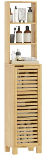 HOMCOM Badezimmerschrank schmal, Bambus 34 x 30 x 170 cm, Natur | Hochschrank, Toilettenschrank, 3 Offene Regale, Verstellbare Regale, Lamellentür, für Badezimmer