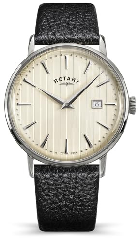 Rotary Herren-Armbanduhr aus Edelstahl, schwarzes Armband, cremefarbenes Zifferblatt, 50 m