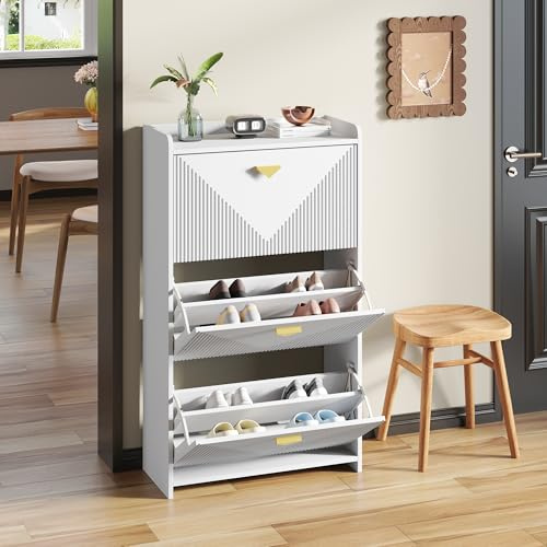 Kelodan **Scarpiera 70 x 30 x 120 cm con 3 ante inferiori, scarpiera da corridoio con 6 scomparti per scarpiere, credenza, soggiorno, MDF, bianco, design sottovuoto, larghezza della cassa regolabile**