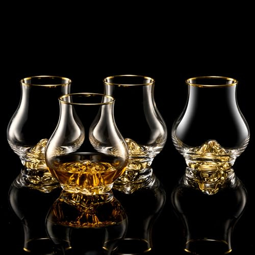 DUJUST Vasos de whisky con formas curvas, juego de 4 unidades (7oz/205ml), vasos de cristal con montaña en oro de 24 quilates, vasos Old Fashioned para brandy, coñac, bourbon y tequila, regalo de lujo