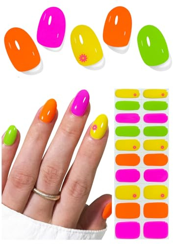 UV Nagelfolie, 20pcs Neon Candy Halbgehärtete Gel Nagelsticker Selbstklebend, No UV Nails Strips Nagelfolien zum aufkleben für Nagel DIY