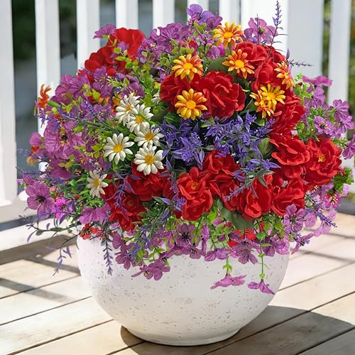 LuckyCao 10 fasci di fiori artificiali come vere piante da balcone all'aperto, gerani misti, margherite, fiori finti di lavanda, piante artificiali resistenti alle intemperie, bouquet da balcone per