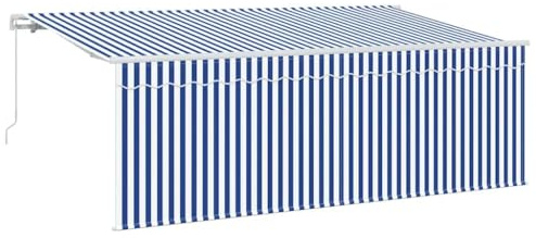 Favemtsl Tenda da sole con braccio articolato, estensibile, 350 x 200 cm, blu e bianco, a righe, tenda da sole manuale per terrazza in poliestere, con telaio in alluminio, per giardino e balcone