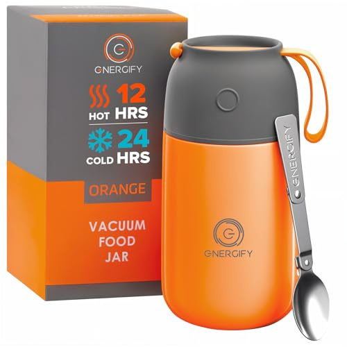 ENERGIFY Vacuum Insulated Food Jar. Large 24oz Bowl incl. Folding Spoon, Cup. Wide Mouth Keep Hot & Cold Drinks Soup Lunch Container for Adults. BPA-Free Stainless Steel, Leak Proof Orange