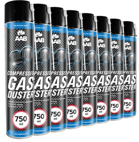 8 x AAB Spray de Aire Comprimido 750ml - Limpiar Teclados, Ordenadores, Copiadoras, Cámaras, Impresoras y Otros Equipos Eléctricos, Efectividad Limpieza sin CFC's, Eliminación de Polvo, Limpiar PC